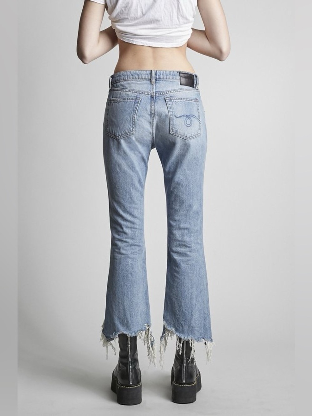 R13 Kick Fit Torn Straight Jeans 30 Mason Blue Denim Raw Hem Minimalist NWT - Picture 3 of 16